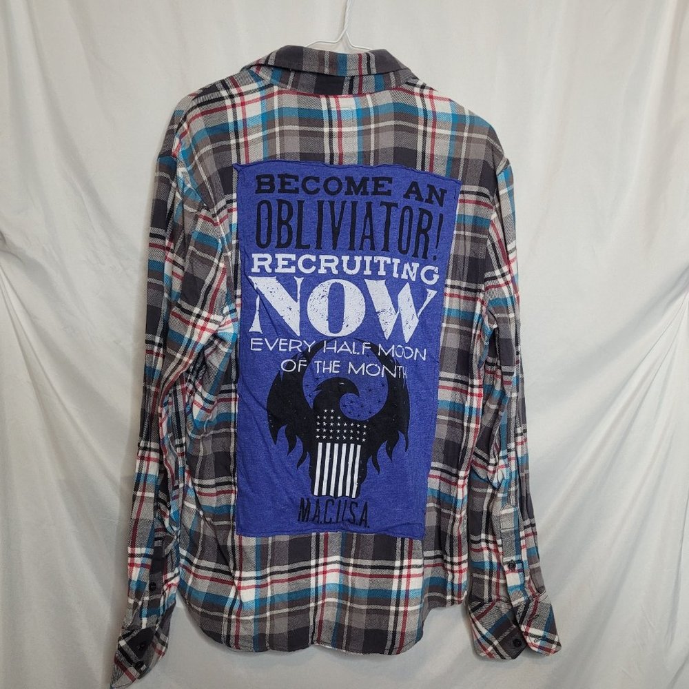 Fantastic Beasts Obliviator Upcycle Flannel Shirt Gray Plaid Adult Med